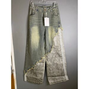 Aelfric Eden Leather Spilt Asymmetrical Gold Baggy Distressed Jeans 30 NWT